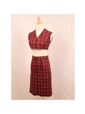 Vintage 60s Red Green Navy Plaid Two-Piece Co-ord Vest and Skirt Set XS